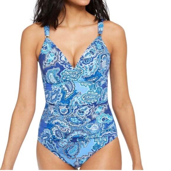 Lauren Ralph Lauren Blue Paisley Print Ruched One Piece Swimsuit Size 16 - Picture 3 of 9
